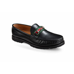 Gucci- 496246 Black Leather Green Red Horsebit Stripe Loafers - Sz. 11. Rare!